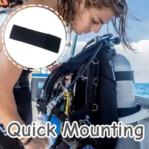 Durable Nylon Diving Scissors Strap Pouch for BCDs shown being mounted on scuba gear by diver
