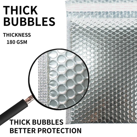 Close-up of Fifty Pack 6x8 Inch Thermal Insulated Bubble Mailers for Cold Shipping with metallic silver thick bubbles.