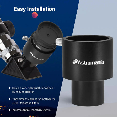 0.965 To 1.25 Inch Eyepiece Adapter For Telescopes Use 1.25 Inch Eyepieces In 0.965 Inch Focusers All Metal Aluminum Anodized Construction Durable Precise Fit For Diagonals, Holders, And Accessory Gear shown in use with telescope.