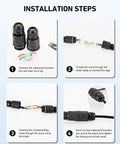 Installation steps for 3 Pack Outdoor Junction Box Kit With 3 Pin Connectors, IP68 Waterproof Electrical Box showing wire connections.