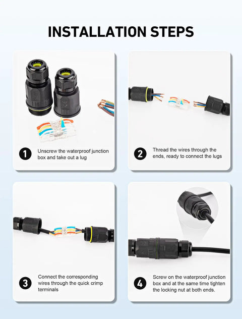 Installation steps for 3 Pack Outdoor Junction Box Kit With 3 Pin Connectors, IP68 Waterproof Electrical Box showing wire connections.