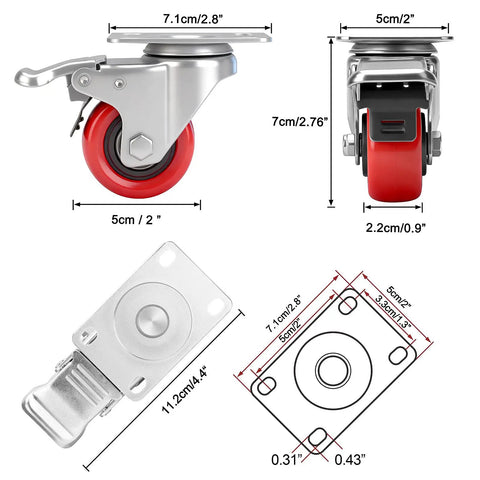 2 Inch Heavy Duty Swivel Caster Wheels Set Of 4 With 600 Lb Load Rating And Total Locking Brakes, detailed dimensions and design features.