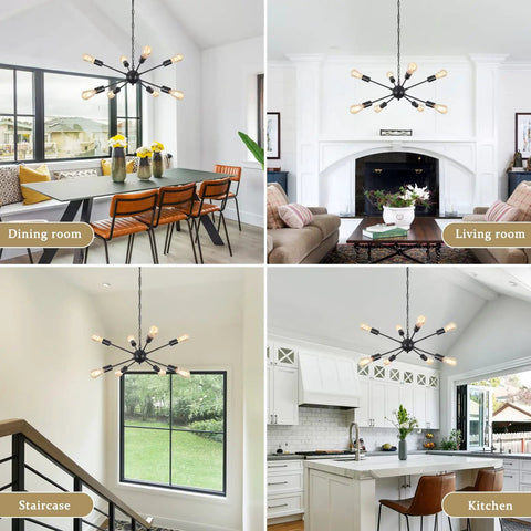 Gold Sputnik Chandelier With 8 Lights Dope Modern Industrial Pendant Ceiling Fixture In Brushed Brass Finish Adjustable Hanging Length For Kitchen Dining Living Room in various room settings.