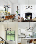 Sputnik 12 Light Chandelier Dope Brushed Nickel Modern Pendant Lighting shown in dining room, living room, staircase, and kitchen