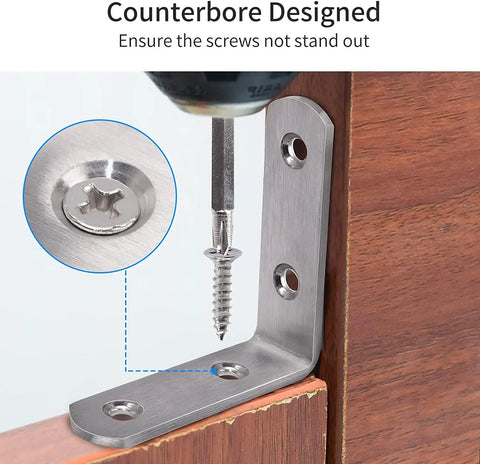 Close-up of Heavy Duty Stainless Steel L Bracket Corner Brace 65X65Mm with counterbore design for flush screw installation.