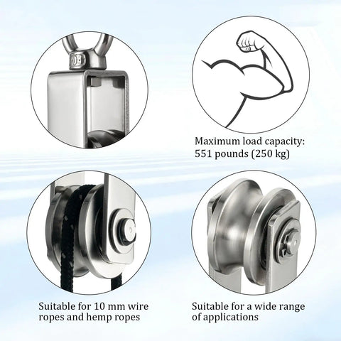 Beefy Stainless Steel Cable Pulley Block With Silent Bearings Swivel Kit For Heavy Duty Applications 550lb Load Capacity For Garage Attic Kayak Deer Hanging Gym Equipment 4 Pack, stainless pulley close-up