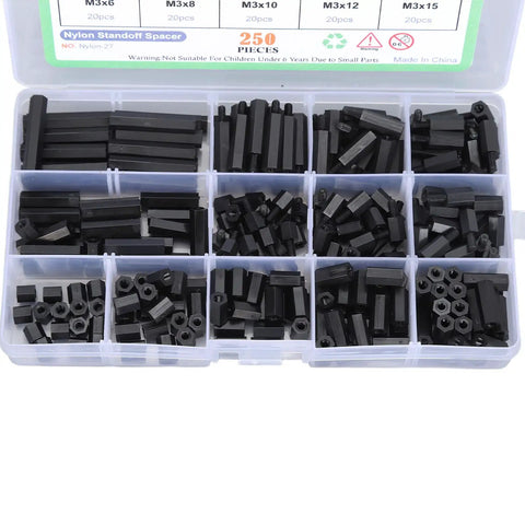 Durable Nylon Hex Spacer Standoff Kit With M3 Screws And Nuts 250 Piece Assorted Set For DIY UAV Drones And RC Projects Lightweight Non Conductive Pillars For Easy Assembly. Black nylon M3 hex spacers in assorted sizes, organized in a storage box.