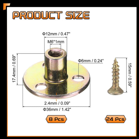 Top Notch Zinc Plated Steel M6 Thread Tee Nuts With Matching Screws Rock Solid 8 Pack Female Thread Plates dimensions and screw size.