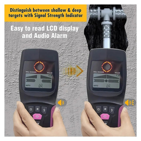 Wall Detector, Multifunctional Stud Finder Wall Scanner with LCD display and audio alarm showing signal strength indicator.