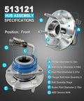 Diagram of 2-Pack Sealed Front Wheel Hub Bearing Assembly 513121 5-Lug w/ ABS, showing key dimensions and features for installation.