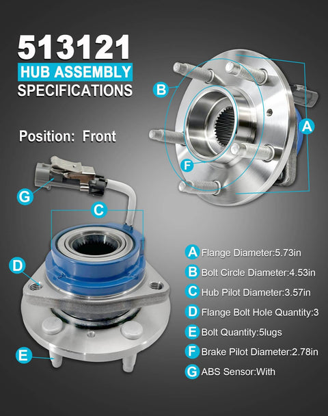 Diagram of 2-Pack Sealed Front Wheel Hub Bearing Assembly 513121 5-Lug w/ ABS, showing key dimensions and features for installation.