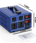 Front view of 1500W Voltage Converter Transformer For Home Use Step Up And Step Down 110V 120V To 220V 240V And Back LCD Display Resettable Circuit Breaker US Power Cord Heavy Duty Transformer For Appliances And Travel with dimensions shown.