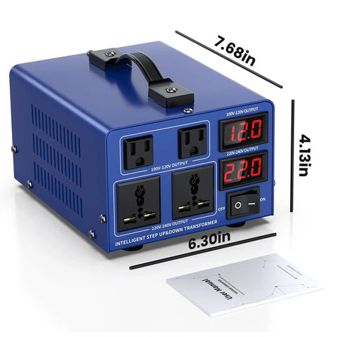 Front view of 1500W Voltage Converter Transformer For Home Use Step Up And Step Down 110V 120V To 220V 240V And Back LCD Display Resettable Circuit Breaker US Power Cord Heavy Duty Transformer For Appliances And Travel with dimensions shown.