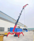 Pro Grade Mini Crawler Crane With Three Ton Hydraulic Lift System And Portable Folding Electric Hoist Plus Fly Jib lifting a heavy steel beam outdoors.