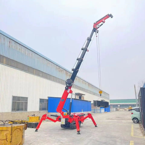 Pro Grade Mini Crawler Crane With Three Ton Hydraulic Lift System And Portable Folding Electric Hoist Plus Fly Jib lifting a heavy steel beam outdoors.