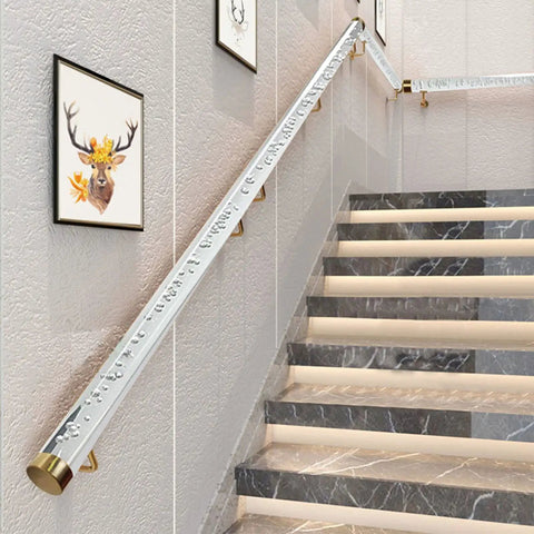 Slick Clear Acrylic Stair Handrail With Glossy Gold Brackets For Modern Homes And No Sweat Non Slip Grab Bar Kit Along Super Sturdy Wall Mounted Safety Rails For Tight Foyer Entries on stylish staircase.
