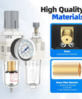 1/4 Inch NPT Air Pressure Regulator Lubricator Combo With Water Separator For Air Compressors, 0-145 Psi Gauge, Poly Bowl