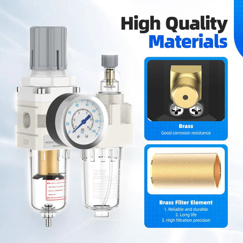 1/4 Inch NPT Air Pressure Regulator Lubricator Combo With Water Separator For Air Compressors, 0-145 Psi Gauge, Poly Bowl