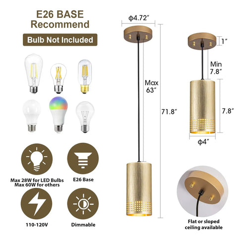 Gold Pendant Light Fixtures, Adjustable Modern Industrial Metal Lighting for Kitchen Island with E26 base and ambient glow