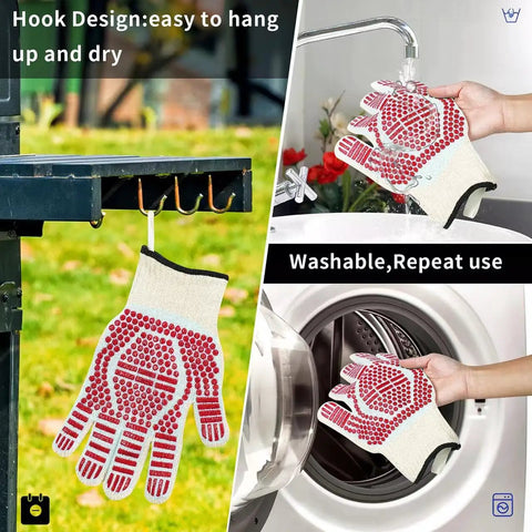 Extreme Heat Resistant Oven Gloves With Five Finger Design For Grill Masters BBQ Cookin Mitts For Cooking Silicone Non Slip Kitchen Gloves For Grilling Baking And Hot Oven Use Red shown hanging on hooks and being washed