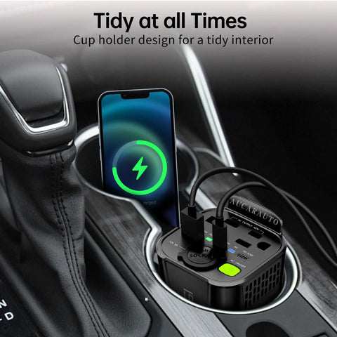 Car Power Inverter Converts DC 12V To 110V AC With Cup Holder Mount For Straight Plug And Play Quick Charging Of Laptops Phones And Tablets Without Any Extra Fuss On Your Next Road Trip in a vehicle cup holder with a smartphone charging.