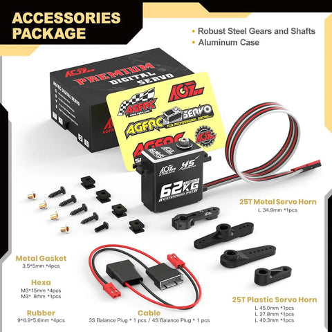 Beefy 62Kg Torque Waterproof Steering Servo for RC Cars with accessories, metal gears, and aluminum case