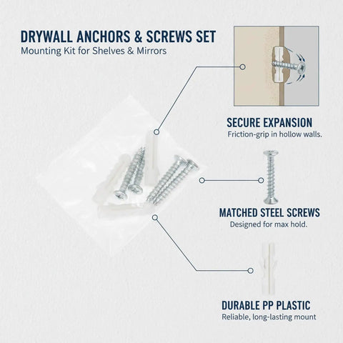 DIY Friendly Hollow Wall Mount Kit For Shelves And Mirrors With Drywall Anchors And Screws, PP plastic plugs and steel screws
