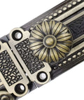 Close-up of antique bronze design on a 5-inch bronze slide door bolt gate security lock latch with mounting screws, zinc alloy construction.