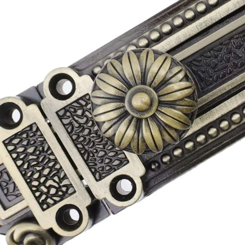 Close-up of antique bronze design on a 5-inch bronze slide door bolt gate security lock latch with mounting screws, zinc alloy construction.