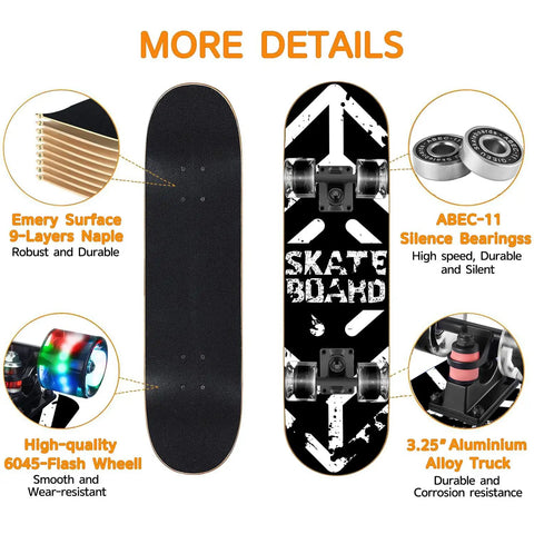 Colorful Flashing Wheels Skateboard For Beginners And All Ages Dope Rad 9 Ply Canadian Maple Deck With Concave Design And Heavy Duty Aluminum Trucks Great For Kids Teens And Adults detailed features image