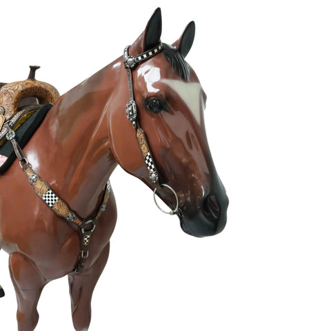 Top Shelf Western Leather Horse Tack Set Bringing The Boss Vibe To Every Ride With A Custom Headstall And Breast Collar hand-carved floral detail on a horse model.