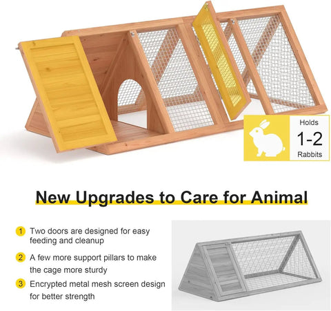 Outdoor Rabbit Hutch And Chicken Coop With Ventilated Wire Run And A Frame Design, wooden cage with two yellow doors.