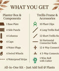 Components list for Self Watering Tomato Planter With Trellis 64 Inch Raised Garden Bed, including planter box and trellis accessories.