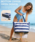 Large Waterproof Sandproof Beach Tote Bag With Zipper, navy blue bag with sand-release mesh on beach