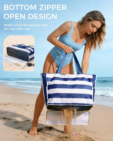 Large Waterproof Sandproof Beach Tote Bag With Zipper, navy blue bag with sand-release mesh on beach