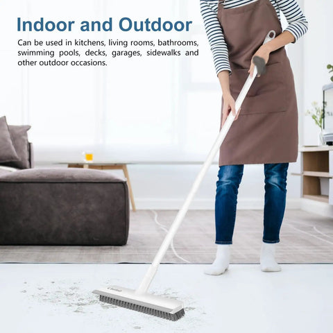 Person cleaning floor with 2 In 1 Floor Scrub Brush With 48 Inch Adjustable Handle And Built In Scraper For Tile Shower Tub Deck And Garage Cleaning Stiff Bristle Floor Scrubber For Heavy Duty Grime.