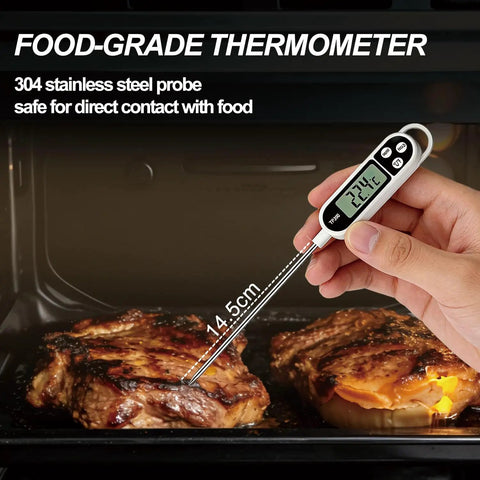 Digital Meat Thermometer With Extra Long 304 Stainless Probe, Waterproof And Quick Read shown in use with cooking meat.