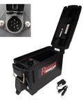 Portable Trailer Light Tester With 7 Way Round Pin SAE J560, Short Circuit Protection, open lid showing internal battery compartment