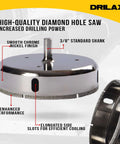 Drilax 4-1/2in diamond hole saw with guide, chrome nickel finish, 3/8in standard shank