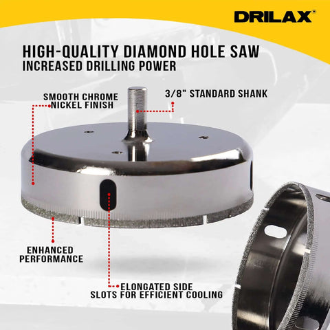 Drilax 4-1/2in diamond hole saw with guide, chrome nickel finish, 3/8in standard shank