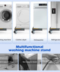 Nefish Heavy Duty Appliance Dolly Cart With Locking Wheels, Adjustable Moving Platform For Front Load Washer Dryer, Mini Fridge, And Refrigerator Mobile Base Stand displayed with a washing machine, dryer, dishwasher, and refrigerator.
