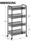 Four Tier Metal Utility Cart On Wheels With Mesh Wire Shelves Space Saver Easy Assembly Rolling Storage Trolley dimensions