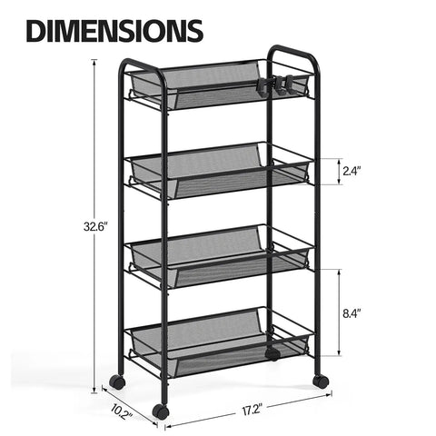 Four Tier Metal Utility Cart On Wheels With Mesh Wire Shelves Space Saver Easy Assembly Rolling Storage Trolley dimensions