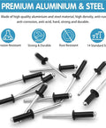 500 Piece Black Pop Rivet Kit With 14 SAE Aluminum Blind Rivets scattered on a white background