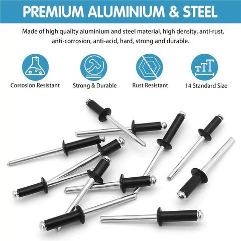 500 Piece Black Pop Rivet Kit With 14 SAE Aluminum Blind Rivets scattered on a white background