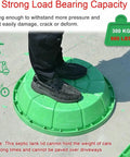 Person standing on heavy-duty resin garden manhole cover with frame and access hole, demonstrating strength and durability.