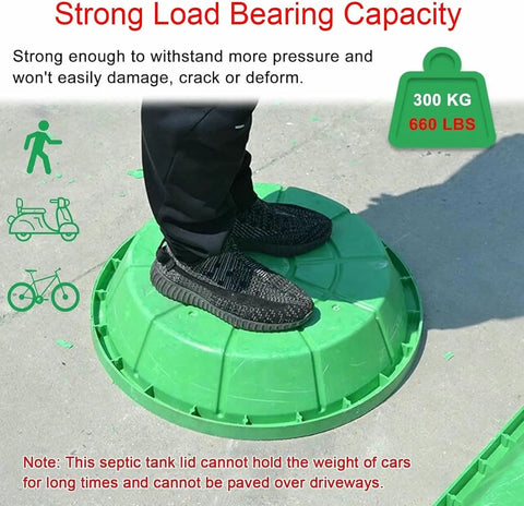 Person standing on heavy-duty resin garden manhole cover with frame and access hole, demonstrating strength and durability.