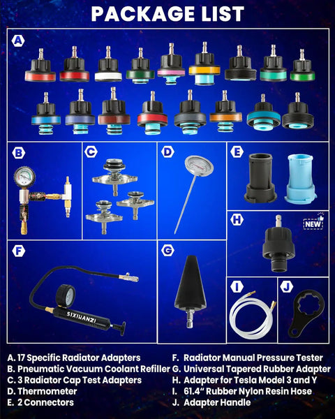 Pro Grade Coolant Pressure Tester And Radiator Vacuum Refill Kit Including 24 Universal Adapters For All Domestic And Import Cars Hella Compatible Auto Cooling Diagnostic Tool, package list with various adapters and tools