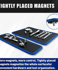 Flexible PVC Magnetic Tool Mat Set With Three Pad Sizes 12.8 By 9.64 Inches 12.8 By 4.1 Inches And 4.33 By 4.33 Inches For Holding Screws Nuts Bolts And Sockets On Hoods Toolboxes And Metal Surfaces In Garage Or Auto Repair, two blue-edged mats with sockets and wrenches