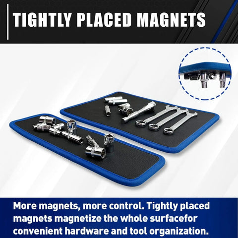 Flexible PVC Magnetic Tool Mat Set With Three Pad Sizes 12.8 By 9.64 Inches 12.8 By 4.1 Inches And 4.33 By 4.33 Inches For Holding Screws Nuts Bolts And Sockets On Hoods Toolboxes And Metal Surfaces In Garage Or Auto Repair, two blue-edged mats with sockets and wrenches